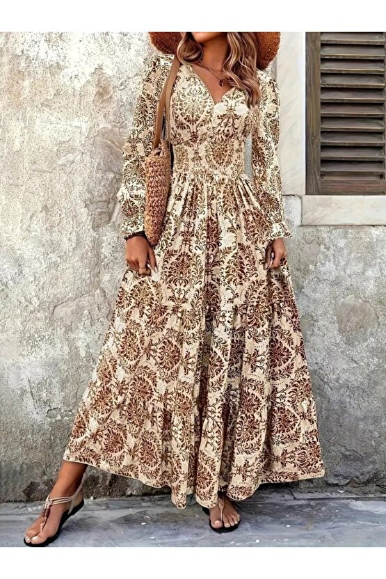 EQURİ Kadın Uzun Kollu V Yakalı Desenli Süprem Elbise