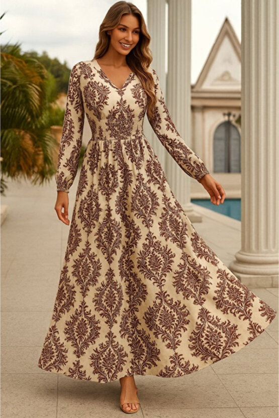 EQURİ Kadın Uzun Kollu V Yakalı Desenli Süprem Elbise