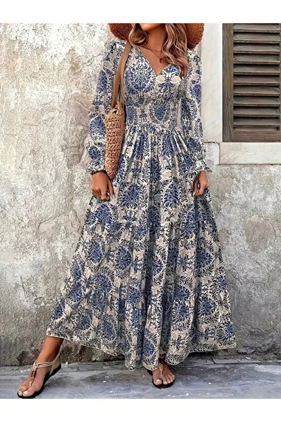 Kadın Uzun Kollu V Yakalı Desenli Süprem Elbise