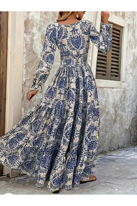 Kadın Uzun Kollu V Yakalı Desenli Süprem Elbise