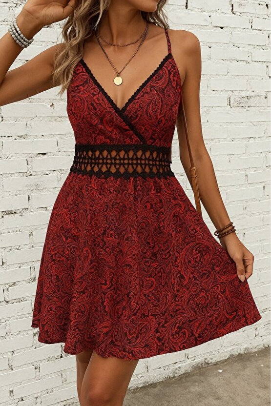 EQURİ Kadın Ip Askılı Kruvaze Yakalı Desenli Mini Süprem Mini Elbise