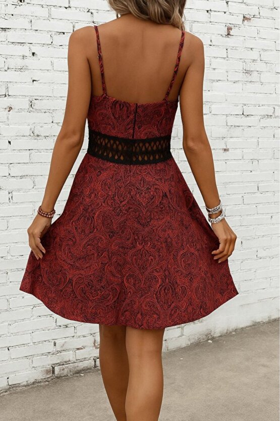 EQURİ Kadın Ip Askılı Kruvaze Yakalı Desenli Mini Süprem Mini Elbise