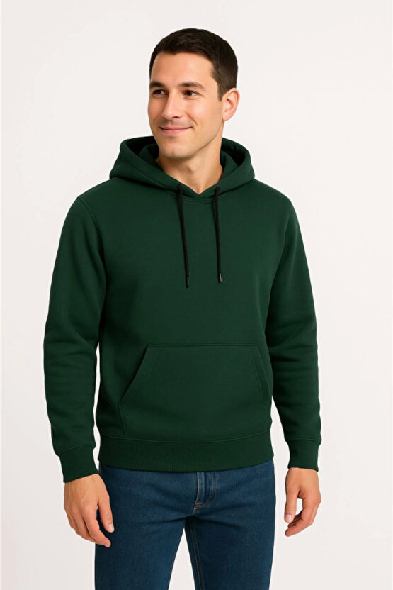 EQURİ Erkek Üç İplik Kapüşonlu Kanguru Cepli SweatShirt Hoodie - Haki