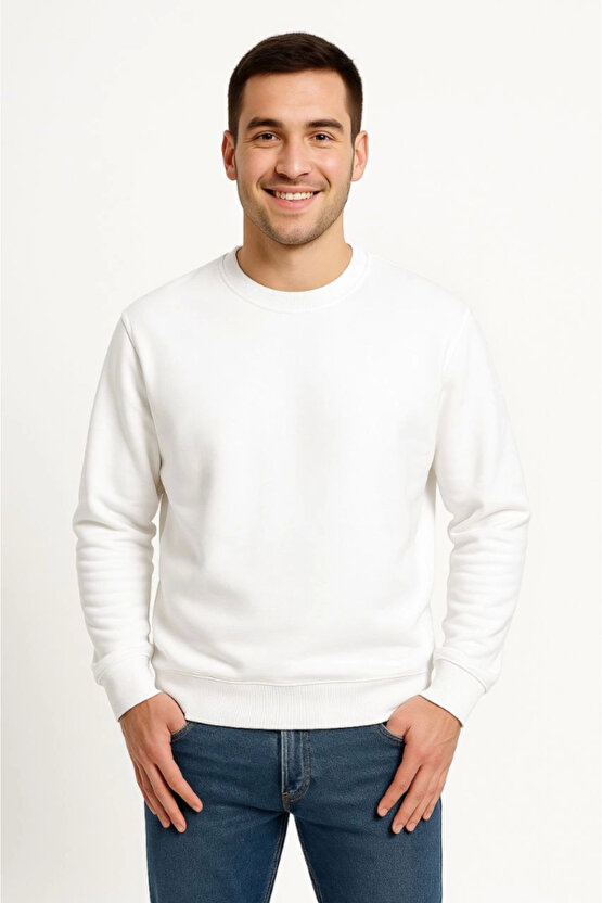 EQURİ Erkek Üç İplik Düz Bisiklet Yaka SweatShirt - Beyaz