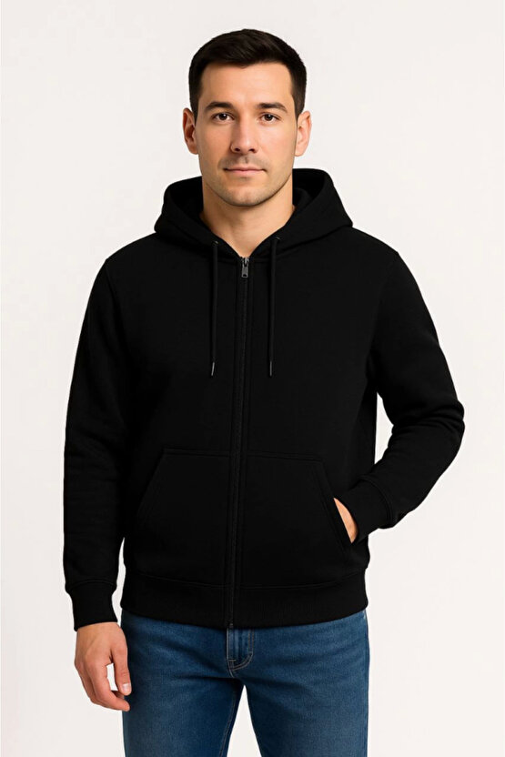 EQURİ Erkek Üç İplik Kapüşonlu Tam Fermuarlı Kanguru Çepli SweatShirt Hoodie - Siyah