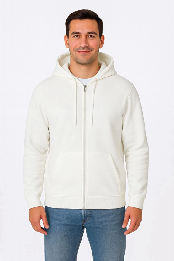 EQURİ Erkek Üç İplik Kapüşonlu Tam Fermuarlı Kanguru Çepli SweatShirt Hoodie - Beyaz