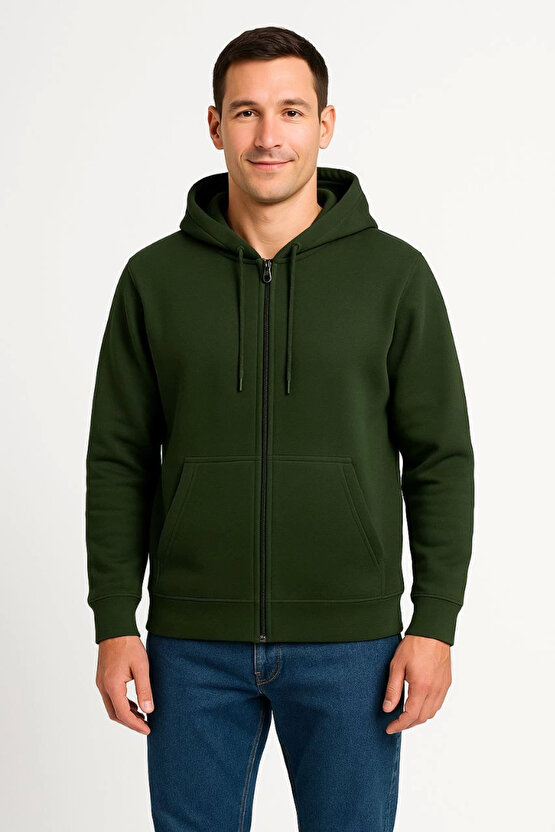 Erkek Üç İplik Kapüşonlu Tam Fermuarlı Kanguru Çepli SweatShirt Hoodie - Haki