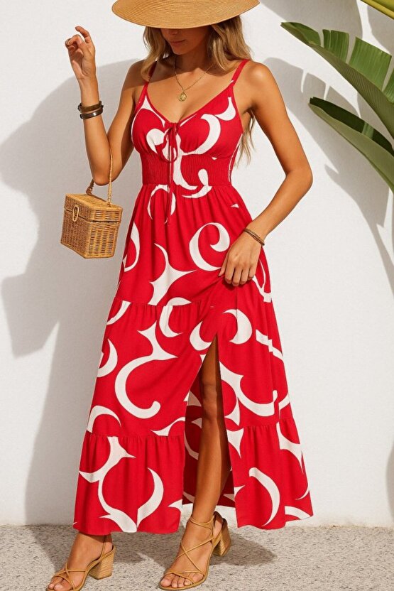 EQURİ Kadın Ip Askılı Dekolteli Bağcıklı Yırtmaçlı Desenli Süprem Elbise