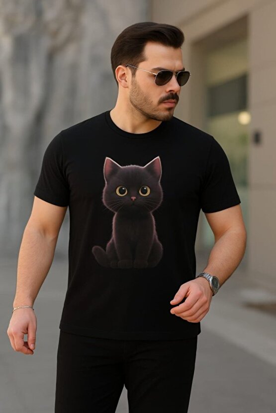EQURİ Erkek Bisiklet Yaka Kedi Baskılı Süprem T-shirt