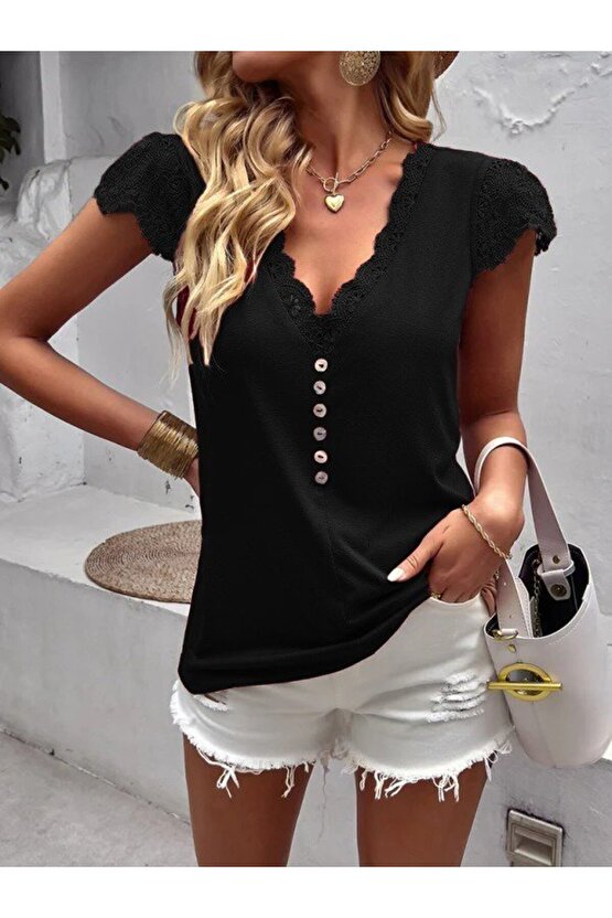 EQURİ Kadın Kısa Kollu V Yakalı önü Düğmeli Viskon Bluz