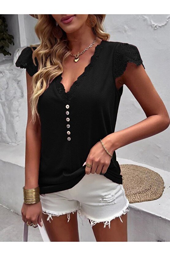 EQURİ Kadın Kısa Kollu V Yakalı önü Düğmeli Viskon Bluz