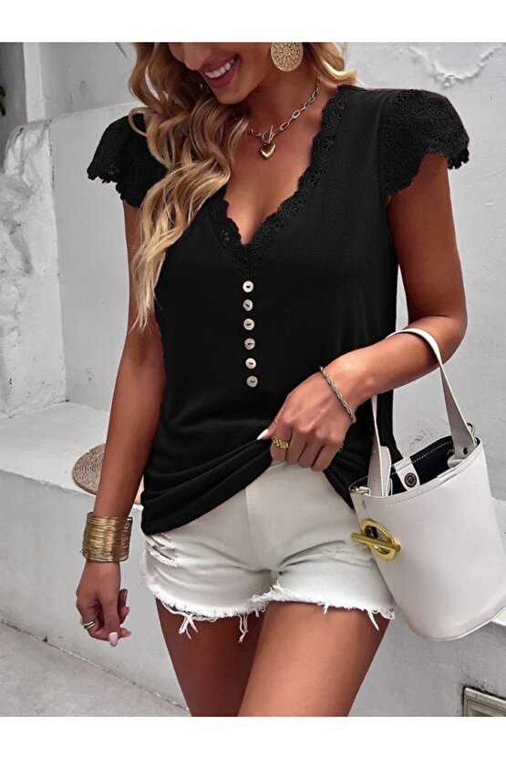 EQURİ Kadın Kısa Kollu V Yakalı önü Düğmeli Viskon Bluz