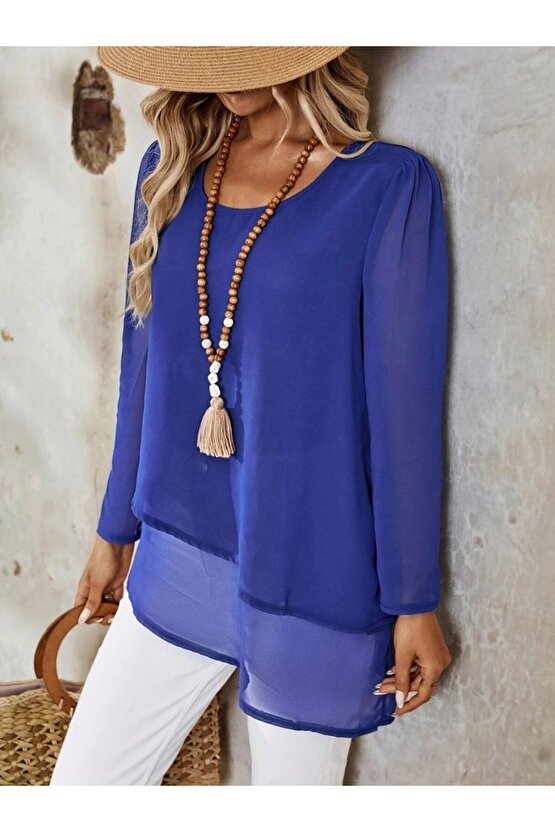 EQURİ Kadın Uzun Kollu Yuvarlak Asimetrik Detaylı şifon Bluz