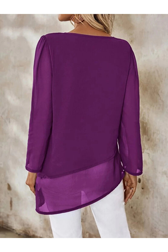 Kadın Uzun Kollu Yuvarlak Asimetrik Detaylı şifon Bluz