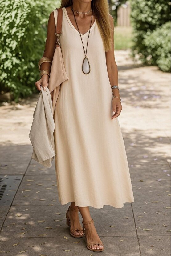 EQURİ Kadın Kolsuz V Yakalı Maksi Boy Ithal Keten Elbise
