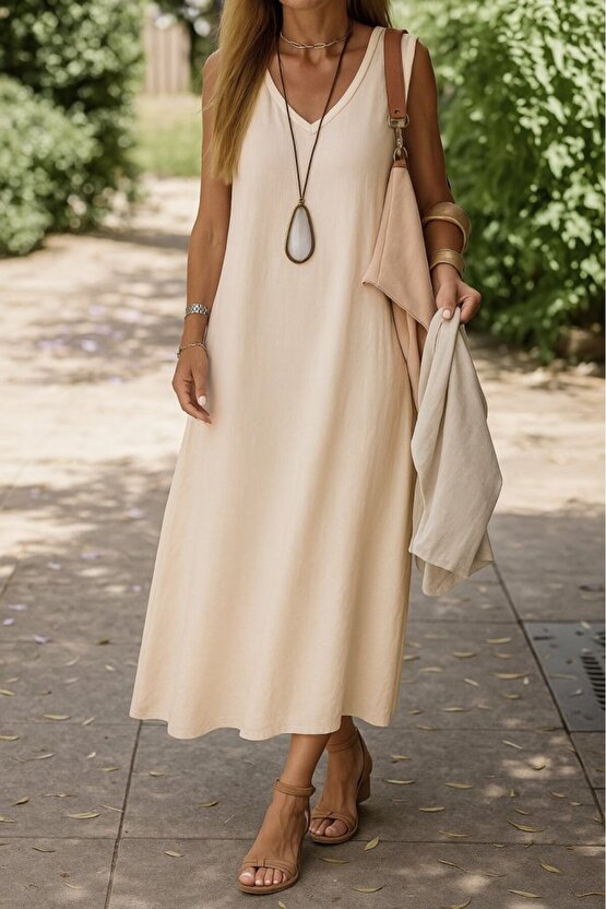EQURİ Kadın Kolsuz V Yakalı Maksi Boy Ithal Keten Elbise