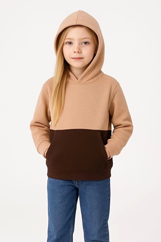 Kız Çocuk Kapüşonlu Kanguru Çepli Parçalı SweatShirt - Renkli
