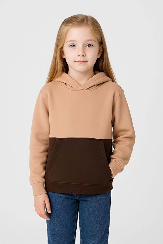 Kız Çocuk Kapüşonlu Kanguru Çepli Parçalı SweatShirt - Renkli