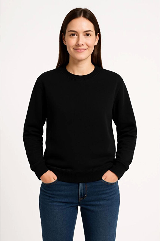 EQURİ Üç İplik Düz Bisiklet Yaka SweatShirt - Siyah