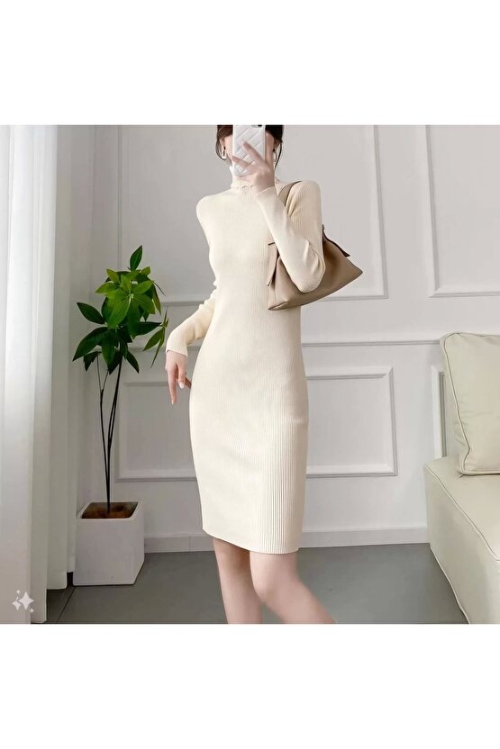 Kadın Boğazlı Uzun Fitilli Triko Dokuma Elbise - Beyaz