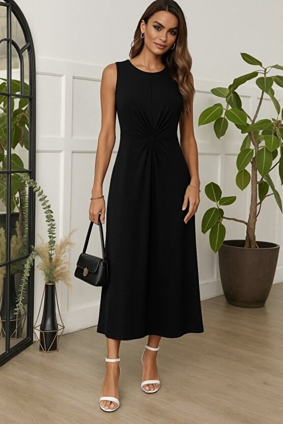 EQURİ Kadın Sıfır Kollu Bisiklet Yaka Yandan Büzgü Detaylı Viskon Elbise