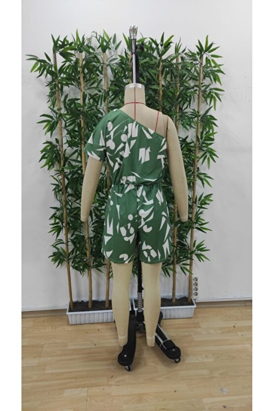 Kadın Tek Omuzdan Açık Beli Lastikli Desenli Süprem Tulum