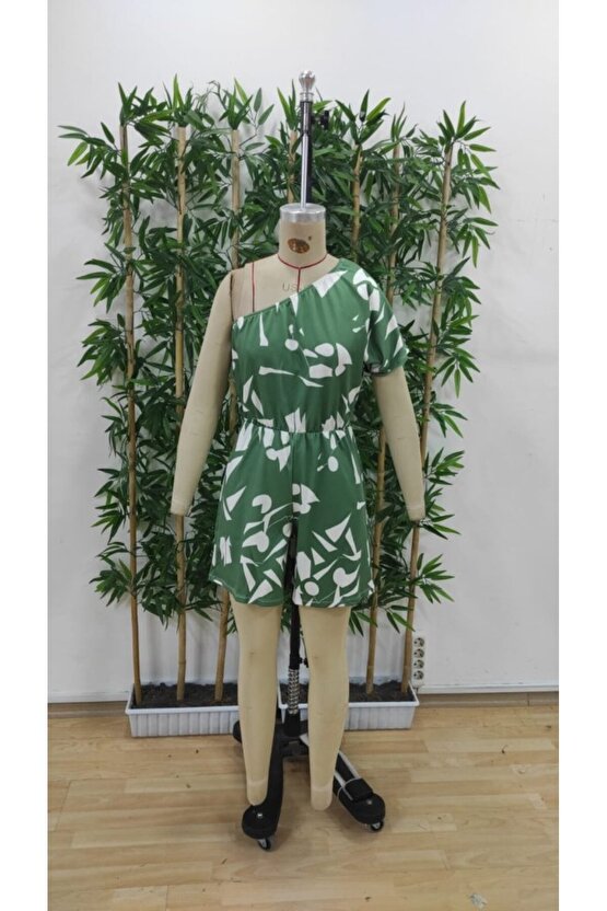 Kadın Tek Omuzdan Açık Beli Lastikli Desenli Süprem Tulum