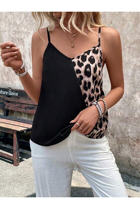 EQURİ Kadın Ip Askılı V Yakalı Leopar Desenli Viskon Bluz