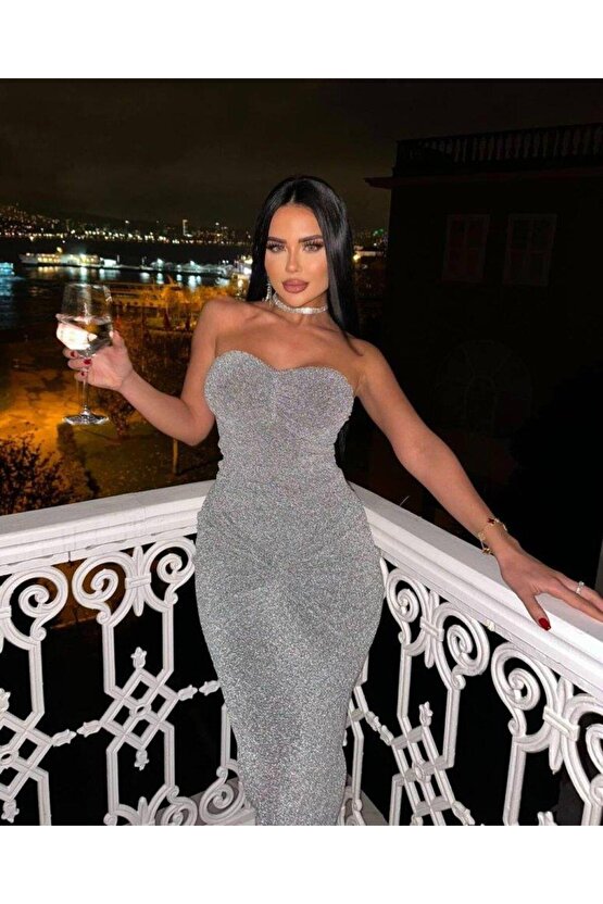 Straplez Simli Uzun Elbise