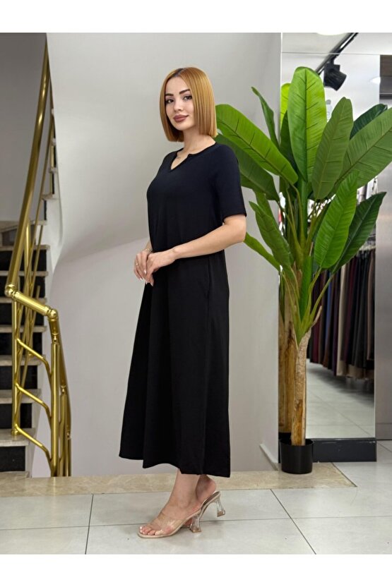 Kadın Kısa Kollu V Yakalı Cep Detaylı Uzun Janjan Krep Elbise