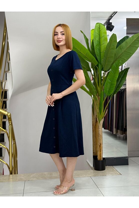 EQURİ Kadın Kısa Kollu V Yakalı önden Düğmeli A Kesim Dokuma Elbise