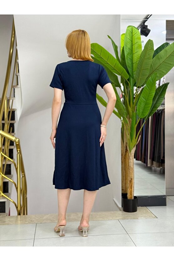 EQURİ Kadın Kısa Kollu V Yakalı önden Düğmeli A Kesim Dokuma Elbise