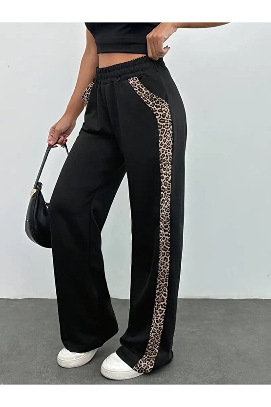 EQURİ Kadın Yüksek Bel Bağcıklı Yanları Leopar Desenli Viskon Iki Iplik Pantolon