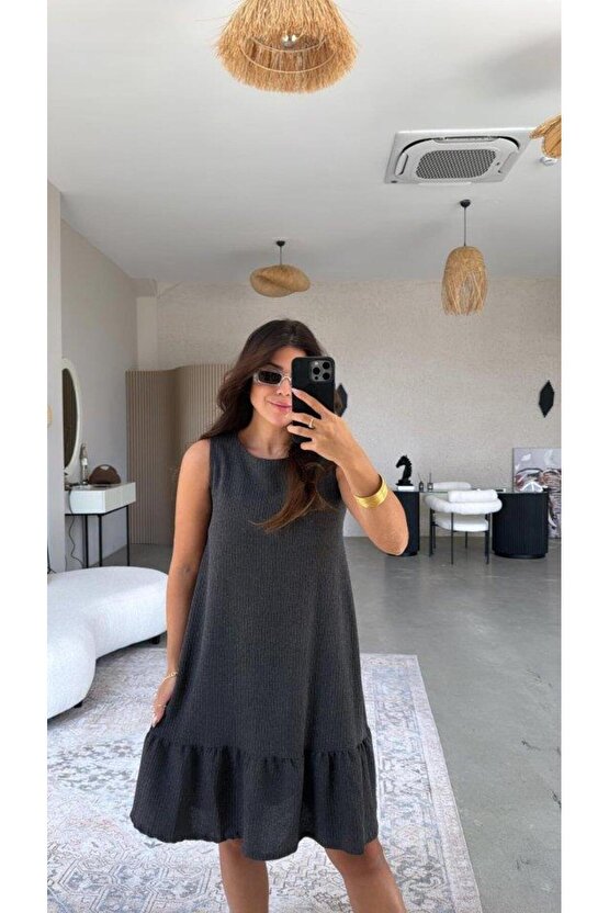 Kadın Bisiklet Yaka Eteği Volanlı Bürümcük Elbise