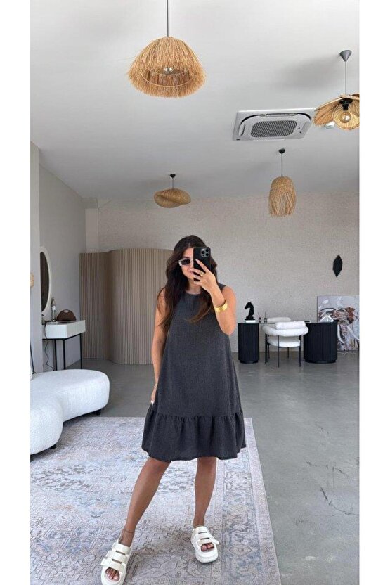 Kadın Bisiklet Yaka Eteği Volanlı Bürümcük Elbise