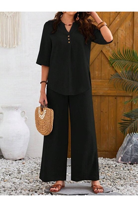 EQURİ Kadın Kısa Kollu V Hakim Yaka Düğmeli Bürümcük Bluz Ve Pantolon Ikili Takım