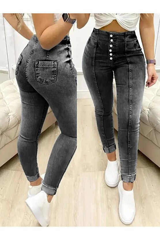 EQURİ Kadın Yüksek Bel önden Düğmeli Jean Pantolon