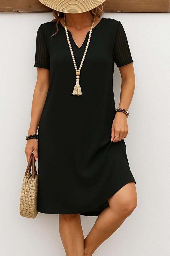 Kadın Kısa Kollu V Yakalı Kısa Janjan Krep Elbise