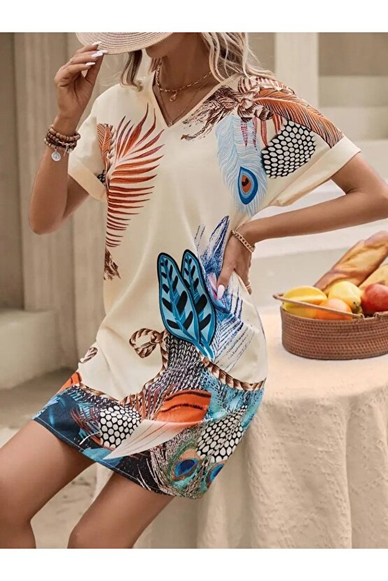 EQURİ Kadın Kısa Kollu V Yakalı Desenli Mini Atlas Elbise