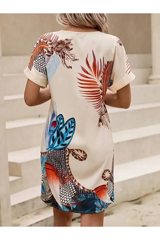 EQURİ Kadın Kısa Kollu V Yakalı Desenli Mini Atlas Elbise