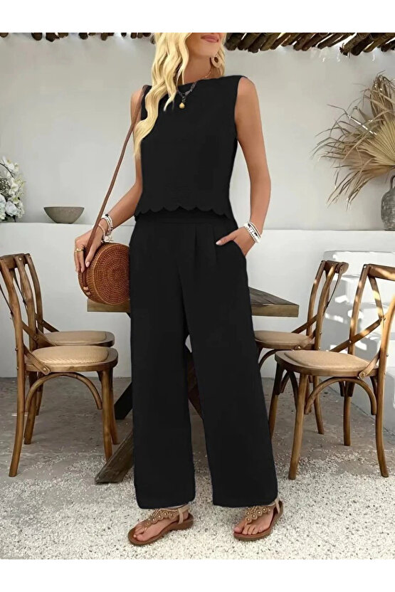 Kadın Sıfır Kollu Bisiklet Yaka Arkadan Bağlamalı Aer8bin Bluz Ve Pantolon Ikili Takım