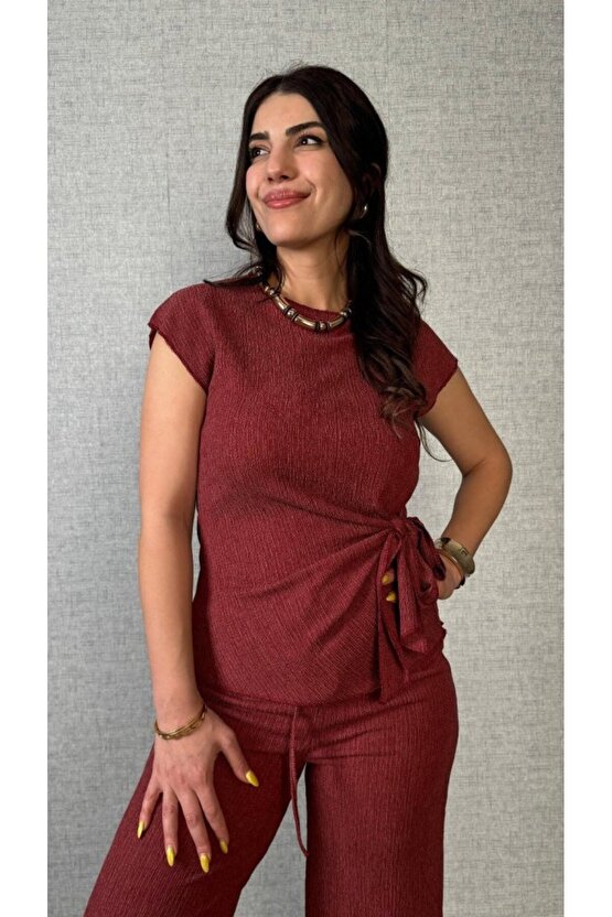 EQURİ Kadın Kısa Kollu Bisiklet Yaka Yandan Bağlamalı Bürümcük Bluz Ve Pantolon Ikili Takım