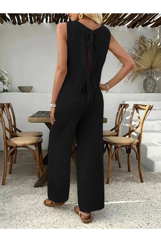 Kadın Sıfır Kollu Bisiklet Yaka Arkadan Bağlamalı Aer8bin Bluz Ve Pantolon Ikili Takım