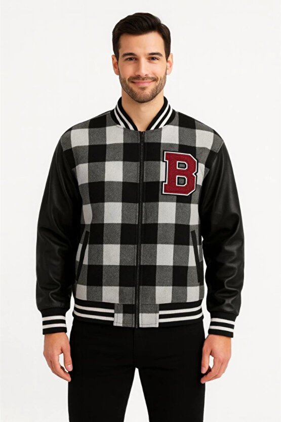 Kolları Suni Deri Içi Astarlı Oduncu Kolej Içi Ceket - Gri