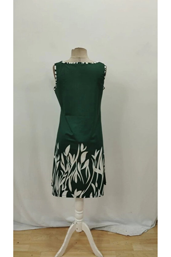 Kadın Askılı Yuvarlak Yakalı Yaprak Desenli Dalgıç Elbise