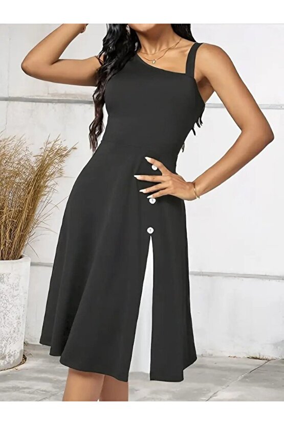 EQURİ Kadın Tek Omuzu şerit Detaylı Kolsuz Yandan Düğme Detaylı Janjan Krep Elbise