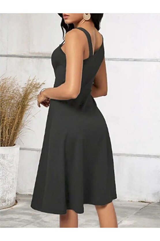 EQURİ Kadın Tek Omuzu şerit Detaylı Kolsuz Yandan Düğme Detaylı Janjan Krep Elbise