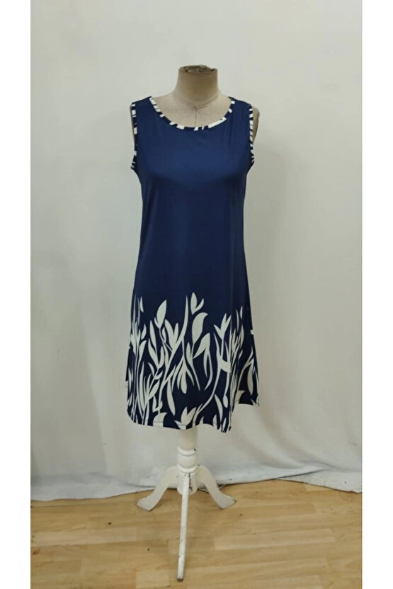 Kadın Askılı Yuvarlak Yakalı Yaprak Desenli Dalgıç Elbise