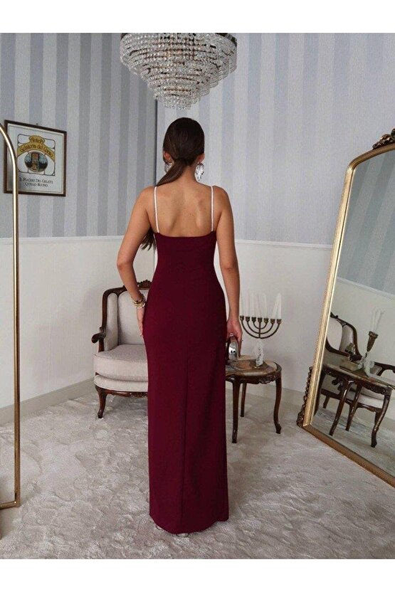 Kadın Omuz Askılı Derin Yırtmaç Detay Maxi Boy Elbise