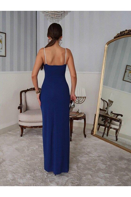 Kadın Omuz Askılı Derin Yırtmaç Detay Maxi Boy Elbise